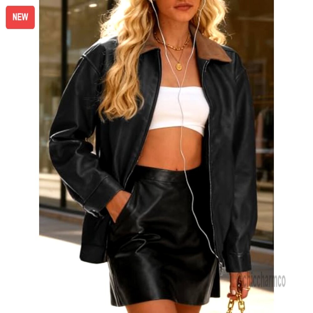 Oversized Bomber Leather Jacket Motorcycle Zip Up Trendy Chic Y2K - Picture 2 of 7